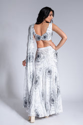 Ripple Effect - White & Hard Coal Embroidered Saree Set